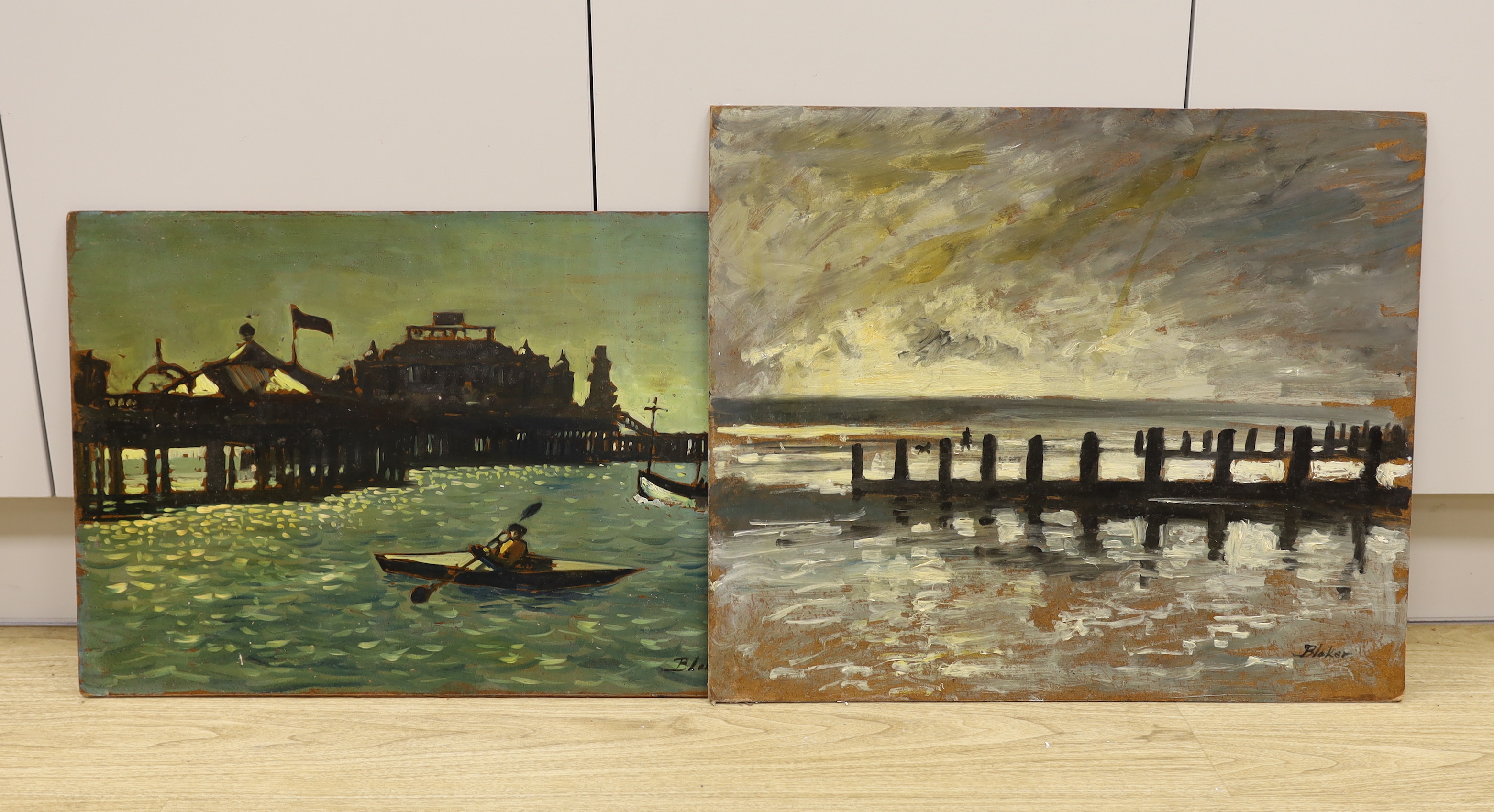 Michael John Blaker (1928-2018), two oils on board, Figures kayaking before Brighton Pier and Coastal landscape, signed, largest 51 x 61cm